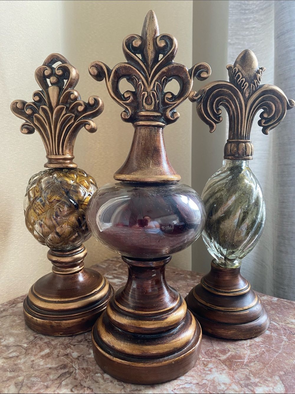 Decorative Glass and Bronze tone Finial Set - Antique Gold Accent-3 pieces